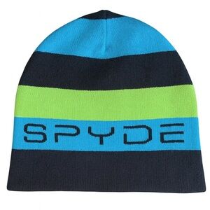 Spyder Youth Reversible Beanie Hat Black Blue Green Stripe Logo Winter Ski O/S